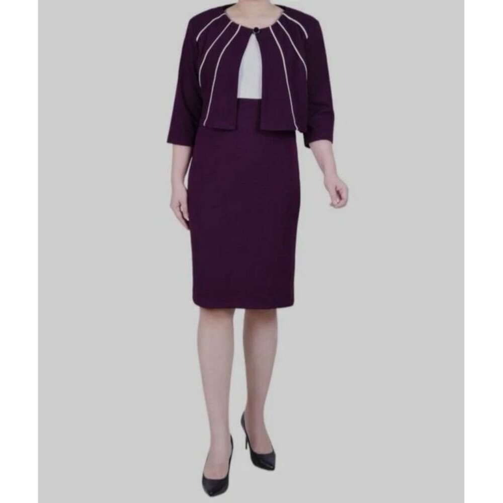 NY Collection Petite Two Piece Jacket and Dress Set Purple White Size 10P